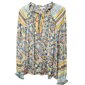 Current Air L/S Silkie Balloon Sleeve Top Floral Paisley Teal Split Neckline M